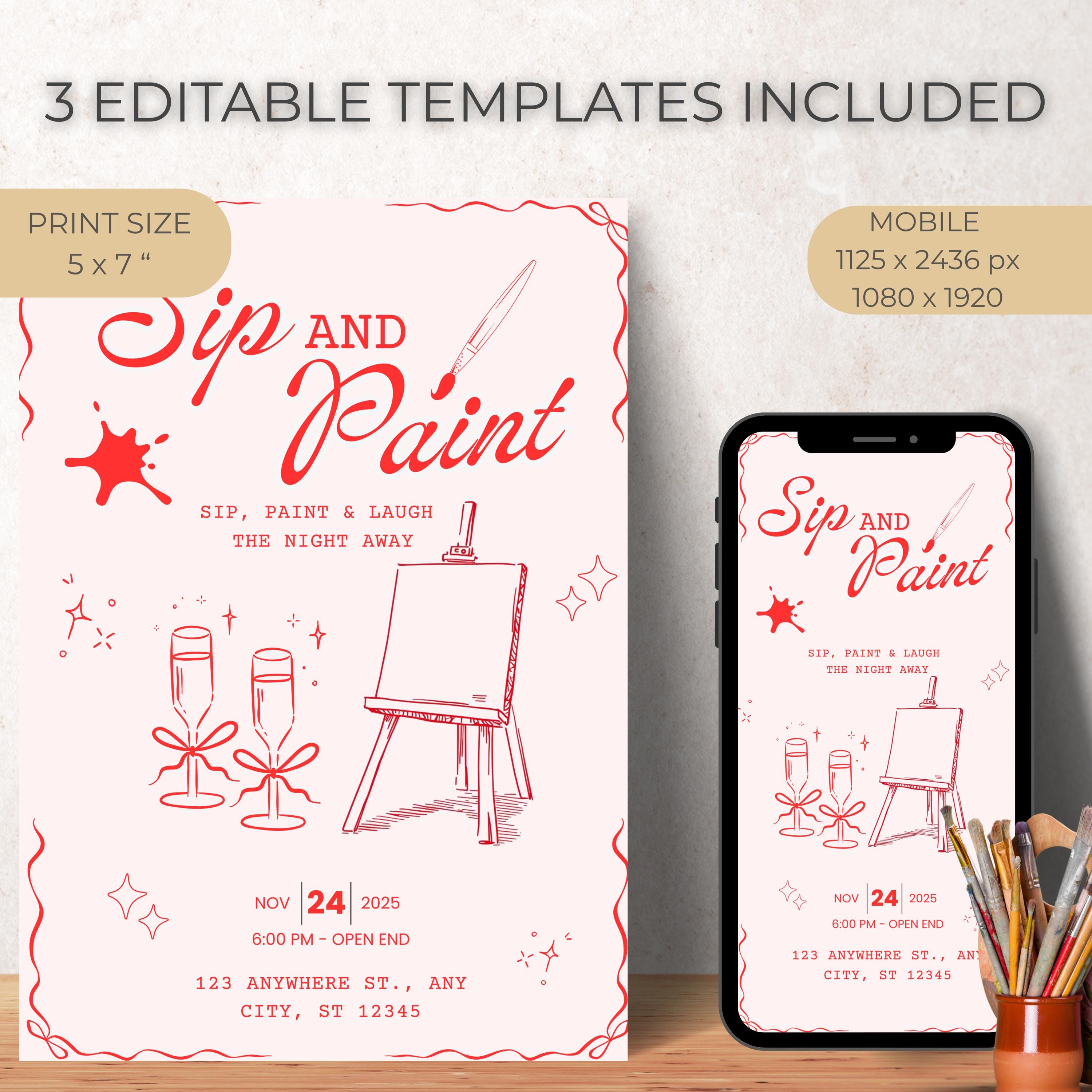 Sip and Paint Invitation Editable Canva Template Art Party