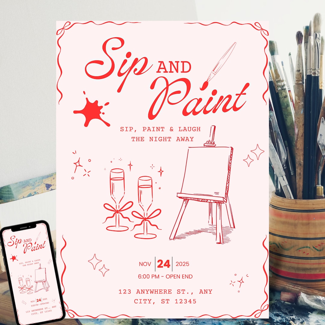 Sip and Paint Invitation Editable Canva Template Art Party