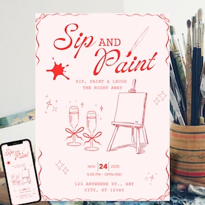 Può includere: Un invito rosa chiaro con testo rosso che recita "Sip and Paint". L'invito include illustrazioni di calici di champagne, un cavalletto e pennelli. La data è il 24 novembre 2025.