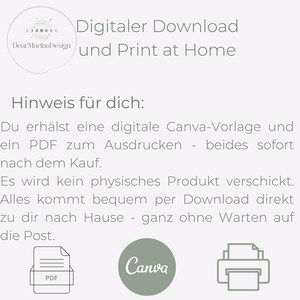 May include: A digital download graphic with text in German, including "Digitaler Download und Print at Home" and "Hinweis f&uuml;r dich". The image features a Canva logo, a PDF icon, and a printer icon, all in a soft green color.