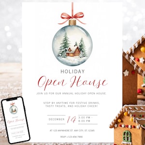 Può includere: Un invito per un open house festivo. Il design presenta un'illustrazione di una palla di neve con una casa e alberi. Include il testo "Holiday Open House" e i dettagli dell'evento.