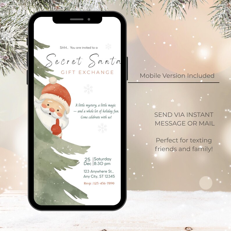 Mobile Christmas invitation template – digital Secret Santa invite for WhatsApp or text messages