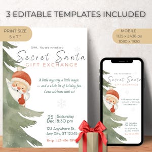 Printable and mobile versions of Secret Santa Canva invitation shown on mockups