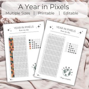 Könnte beinhalten: Zwei druckbare "Year in Pixels" Gewohnheitstracker-Blätter. Die Blätter haben ein Raster zur täglichen Verfolgung, mit dem Text "Year in Pixels" und "Rate my day". Ein Blatt hat einen farbcodierten Schlüssel und das andere ein Sternebewertungssystem.