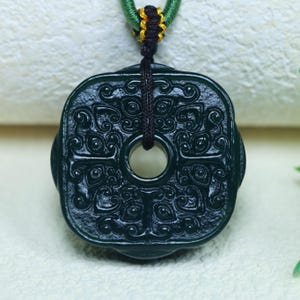 Carved Dark Green Jade Square Ring Pendant, Archaic Beast Motif with Green and Gold Cord, Spiritual Prosperity Jewelry Gift for Women