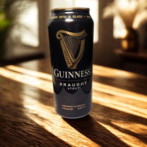May include: A black Guinness Draught Stout can with gold lettering and a harp logo. The can reads "POURED INTO A GLASS - BEST" and "ESTD 1759". The can is 14.9 fl oz and 4.1% alc/vol.