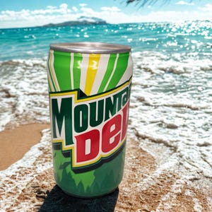 May include: A green and white Mountain Dew soda can with the Mountain Dew logo in green and red. The can is on a sandy beach with the ocean in the background.
