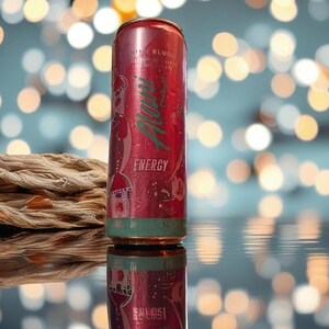 May include: A red energy drink can with green detailing and the word "Alani" in green script. The can is reflected in a mirrored surface, with a blurred background of warm lights. The word "Energy" is visible on the can.