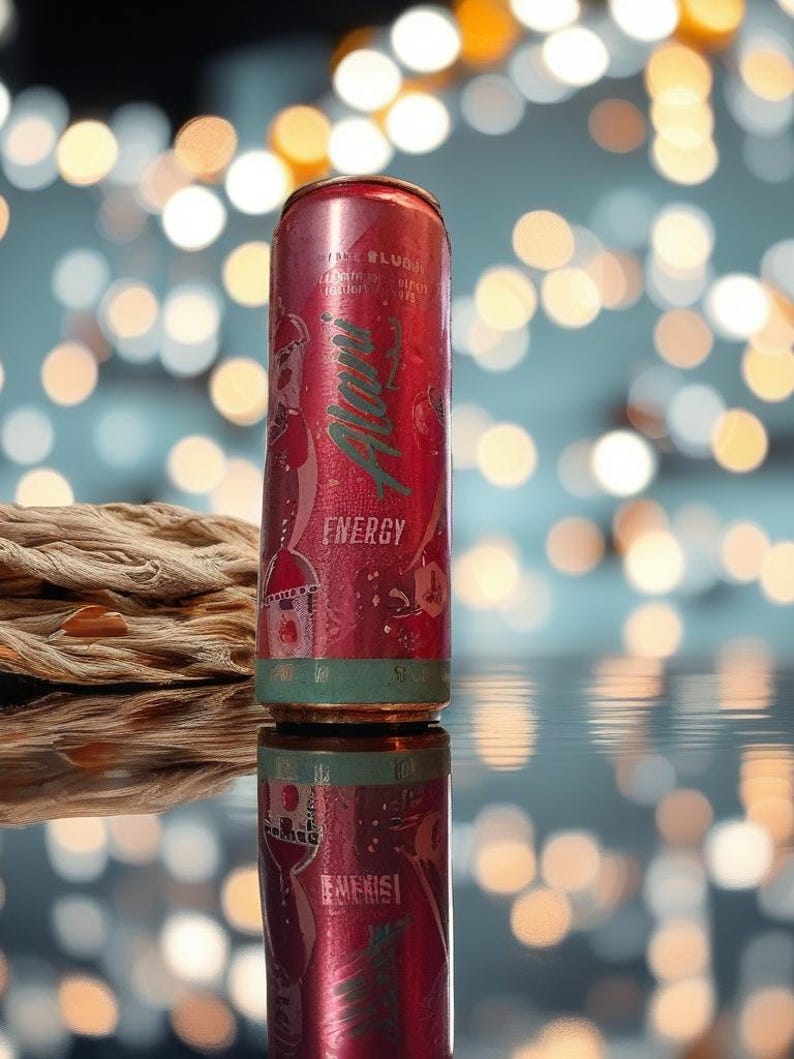 May include: A red energy drink can with green detailing and the word "Alani" in green script. The can is reflected in a mirrored surface, with a blurred background of warm lights. The word "Energy" is visible on the can.
