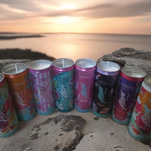 May include: Eight brightly coloured candles in aluminium cans, each with a white wax top and a wick. The cans display various designs and the word "Alani". The background shows a sunset over a body of water.
