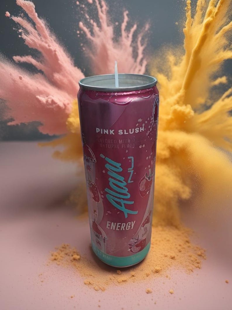 May include: A pink aluminium can of "Pink Slush" energy drink with a white straw. The can has a teal base and the brand name "Alani Nu" in teal script. Pink and yellow powder bursts in the background.