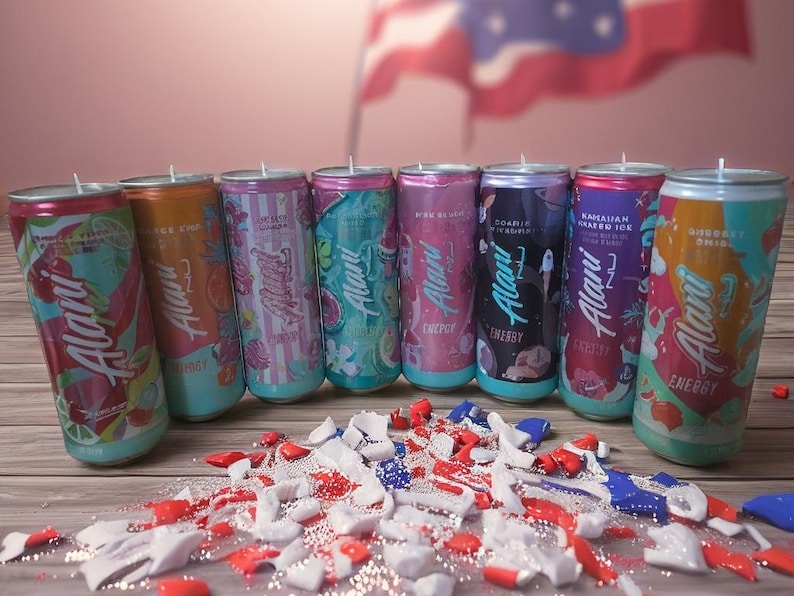 May include: A selection of Alani Nu Energy drink cans with diverse, vibrant designs and flavours, such as cherry and tropical fruit. The cans are displayed on a wooden surface with red, white, and blue decorations, with a flag in the background.