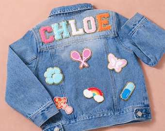 Gepersonaliseerde chenille letter patch jeansjack, op maat verfraaid jasje verjaardagscadeau