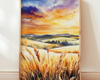 麦畑の水彩画、素朴な農家の壁アート、田舎の風景画、黄金の小麦の収穫