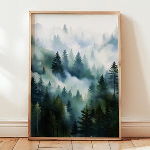 Moody Nordic Forest Watercolor Print – Scandinavian Landscape Wall Art, Misty Pine Tree Painting, Calm Nature Decor for Minimalist Interiors