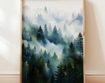 Scandinavian Forest Wall Art: Moody Nordic Woodland Watercolor Print