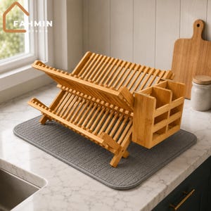 Multi Tier Bamboo Dish Drying Rack with Utensils Flatware Holder | Foldable Dish Rack | Dishwashing Rack | Knife Holder | Kitchen Decor