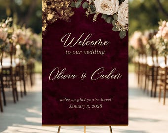 Burgundy Gold Wedding Welcome Sign, White Rose Wedding, Burgundy Floral Sign, Gold Wedding Welcome