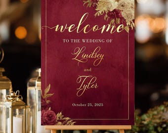 Burgundy Floral Wedding Welcome Sign, Elegant Gold Decor