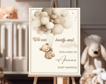Baby Shower Welcome Sign, Teddy Bear Balloon Baby Shower Sign, Neutral Beige Baby Shower Theme, Bearly Wait Sign