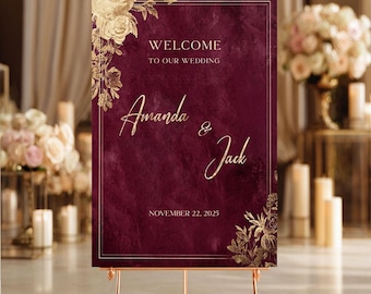 Burgundy Wedding Welcome Sign, Gold Floral Wedding, Marsala Wedding Welcome, Moody Wedding Welcome, Wine Color Wedding