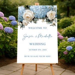 Elegant Wedding Welcome Sign with Blue Hydrangeas and Cream Roses, Vertical Custom Wedding Sign, Classic Floral Reception Decor