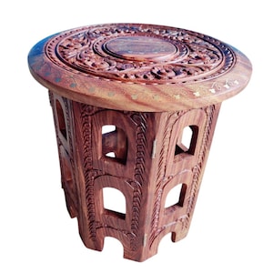 Handmade Wooden Carved Side Table.handmade wooden carved table.Pakistani Handicraft Decorative Stool Brass Inlay Folding Stool Folding Woode
