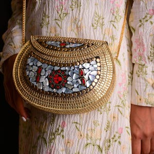 Handmade Mosaic Clutch Purse | Boho Crossbody Bag | Brass Mosaic Shoulder Bag | Colorful Stone Evening Purse | Ethnic Bohemian Gift. HandBag