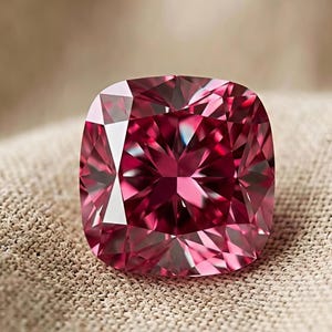 Moissanite rose vif coussin de 13 carats, pierre de 13 mm, pureté VVS1, alternative au diamant de laboratoire pour une bague personnalisée.