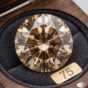 May include: A round, champagne-colored gemstone with a brilliant-cut faceted surface, displayed in a dark wooden box with a gray velvet lining. A small, rectangular brass-colored metal tag with the engraved number 75 is positioned next to the stone.