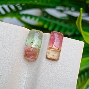 Natural Bi-Color Tourmaline Baguette Pair | 2.05 CT Watermelon Tourmaline Rectangular Cabochons | 9x5mm & 8.5x4mm
