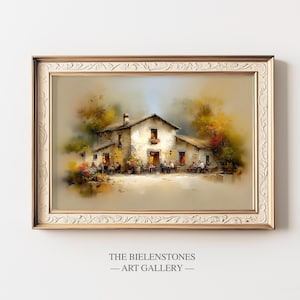 French Countryside Inn Watercolor – 19th Century Rustic Tavern Scene with Warm Autumn Ambience