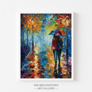 Romantic Amsterdam Wall Art | Autumn Couple in Rain | Colorful Oil Painting Style | Digital Print | Cozy European City Canal Scene
