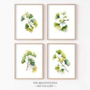 Ginkgo Wall Art – Set of 4 Minimalist Botanical Prints | Watercolor Maidenhair Tree Branches | Soft Green Nature Decor, Light Zen Artwork