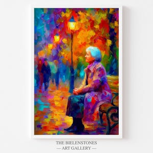Puede incluir: Una pintura impresionista de una mujer sentada en un banco del parque bajo una farola. La obra de arte presenta colores vibrantes, incluyendo azules, naranjas y morados. La pintura está enmarcada en un borde blanco e incluye el texto "THE BIELENSTONES - ART GALLERY".