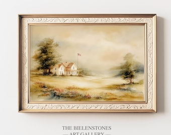 American Farmhouse Print: Patriotic Watercolor Landscape (Digital Download)