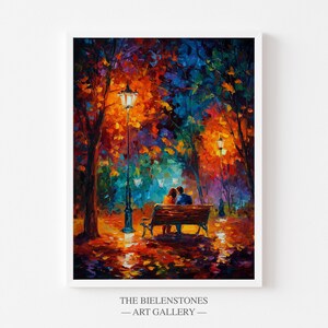 May include: An impressionistic painting of a couple sitting on a park bench under a lamplit tree. The artwork features vibrant colors of orange, blue, and purple, with a focus on the warm glow of the lights and the couple's silhouette.