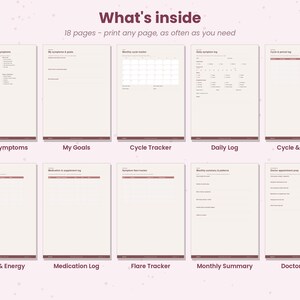 May include: A digital planner set featuring 18 printable pages with a light background and dark text. The pages include sections for PCOS symptoms, goals, cycle tracking, daily logs, period tracking, mood, energy, medication, flare tracking, and doctor prep.