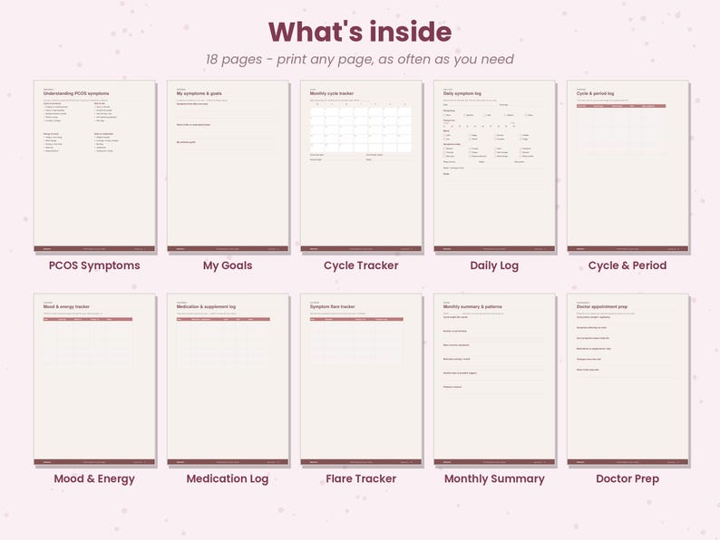 May include: A digital planner set featuring 18 printable pages with a light background and dark text. The pages include sections for PCOS symptoms, goals, cycle tracking, daily logs, period tracking, mood, energy, medication, flare tracking, and doctor prep.