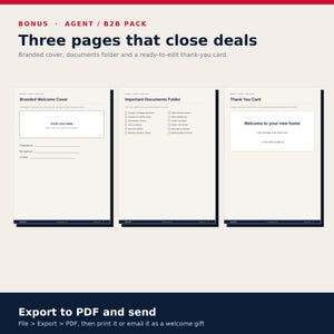 Puede incluir: Un conjunto de documentos digitales titulado Three pages that close deals, que incluye una portada de bienvenida con espacio para logo, una carpeta de documentos importantes con lista de verificaci&oacute;n y una tarjeta de agradecimiento.