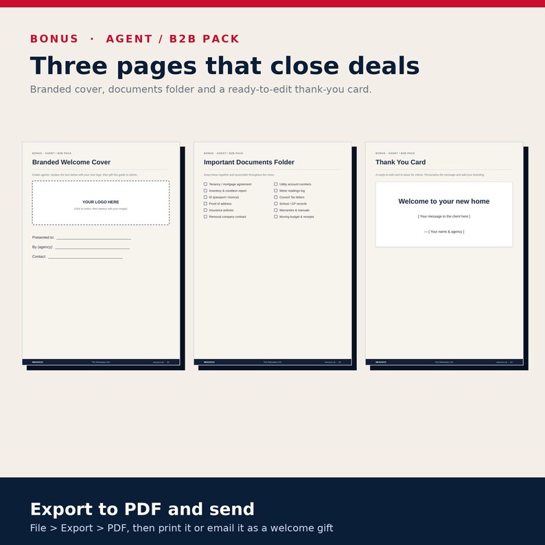 Puede incluir: Un conjunto de documentos digitales titulado Three pages that close deals, que incluye una portada de bienvenida con espacio para logo, una carpeta de documentos importantes con lista de verificaci&oacute;n y una tarjeta de agradecimiento.