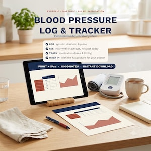 May include: A digital blood pressure log and tracker displayed on a tablet and a printed sheet. The text reads Blood Pressure Log & Tracker, Two minutes a day, one clear picture, and lists features for tracking systolic, diastolic, pulse, and medication.