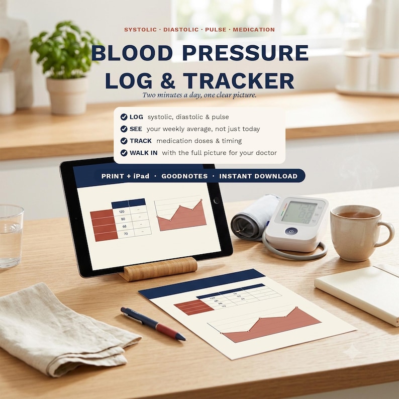 May include: A digital blood pressure log and tracker displayed on a tablet and a printed sheet. The text reads Blood Pressure Log & Tracker, Two minutes a day, one clear picture, and lists features for tracking systolic, diastolic, pulse, and medication.