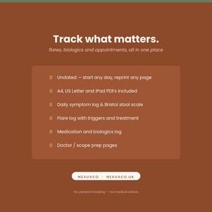 Pu&ograve; includere: Un documento digitale marrone per il monitoraggio della salute con testo bianco che recita: Track what matters. flares, biologics and appointments, all in one place. Elenca funzionalit&agrave; come pagine senza data, PDF A4, US Letter e iPad, registri dei sintomi, registri delle riacutizzazioni, registri dei farmaci e pagine di preparazione medica.