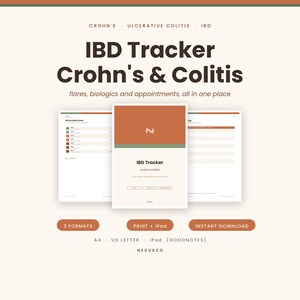 Pu&ograve; includere: Un tracker IBD per il morbo di Crohn e la colite con un'interfaccia digitale che include pagine per riacutizzazioni, farmaci biologici e appuntamenti. Il design utilizza una palette color crema, terracotta e verde con testo che include IBD Tracker, Crohn's & Colitis, e 3 formati: A4, US Letter e iPad.