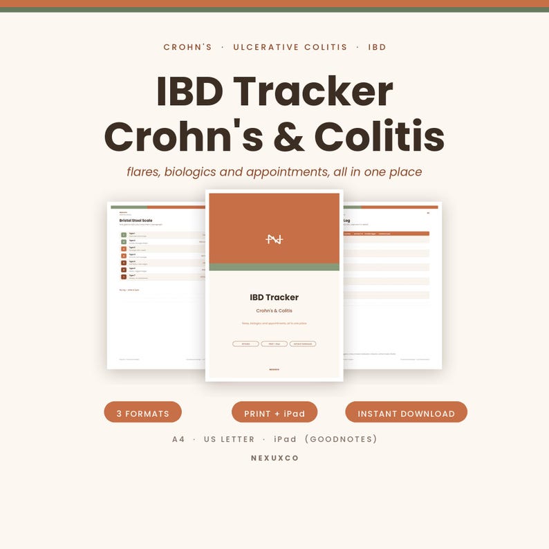 Pu&ograve; includere: Un tracker IBD per il morbo di Crohn e la colite con un'interfaccia digitale che include pagine per riacutizzazioni, farmaci biologici e appuntamenti. Il design utilizza una palette color crema, terracotta e verde con testo che include IBD Tracker, Crohn's & Colitis, e 3 formati: A4, US Letter e iPad.