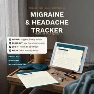 Pu&ograve; includere: Un tracker digitale per emicranie e mal di testa visualizzato su un tablet e un foglio stampato. Il testo recita: TRIGGER PAIN AURA SYMPTOM LOG, MIGRAINE & HEADACHE TRACKER, Walk in with data, not guesses. Include liste e una griglia.