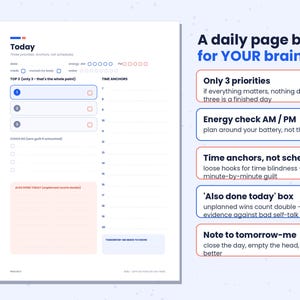 K&ouml;nnte beinhalten: Eine Tagesplaner-Seite mit Abschnitten f&uuml;r Today, Top 3 priorities, Time Anchors und eine Also Done Today-Box. Der Text enth&auml;lt A daily page built for YOUR brain, Only 3 priorities, Energy check AM / PM, Time anchors, not schedules.