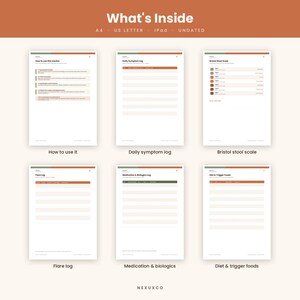 Pu&ograve; includere: Un set di tracker sanitario digitale composto da sei pagine intitolate What's Inside, How to use this tracker, Daily symptom log, Bristol stool scale, Flare log, Medication & biologics e Diet & trigger foods. Le pagine sono bianche con accenti arancioni e verdi.