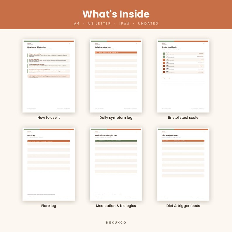 Pu&ograve; includere: Un set di tracker sanitario digitale composto da sei pagine intitolate What's Inside, How to use this tracker, Daily symptom log, Bristol stool scale, Flare log, Medication & biologics e Diet & trigger foods. Le pagine sono bianche con accenti arancioni e verdi.